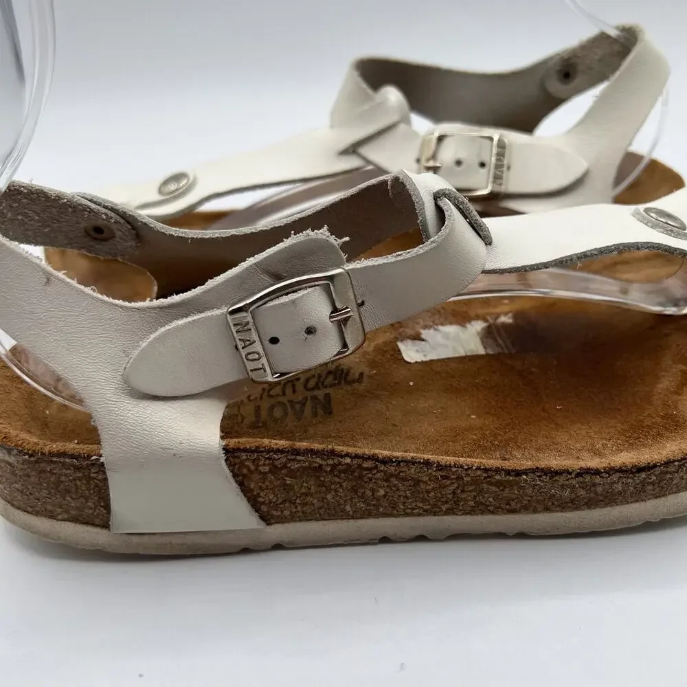 Naot Leather Thong Flat Sandals White Brown Buckles Womens Size 37 US 6 Boho